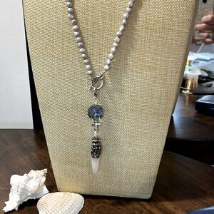 Silver Grey Pearl Necklace with Rose Quartz and Crystal Charm